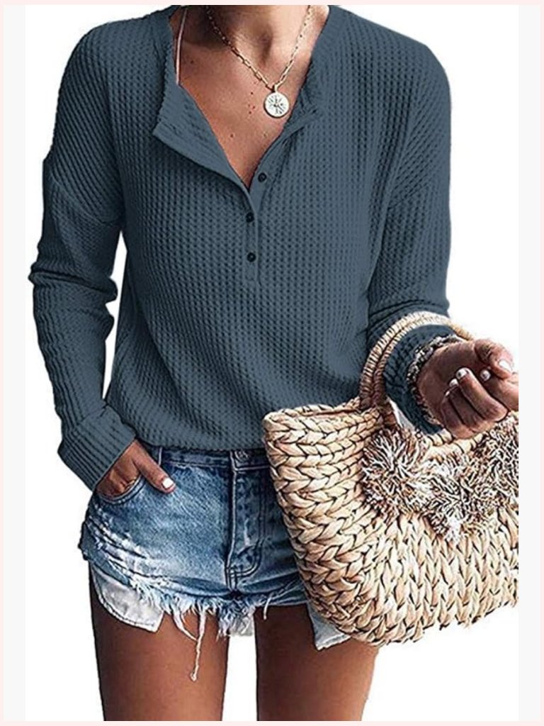 Waffle Knit Tunic Top Long Sleeve Button Up V Neck Henley Shirt